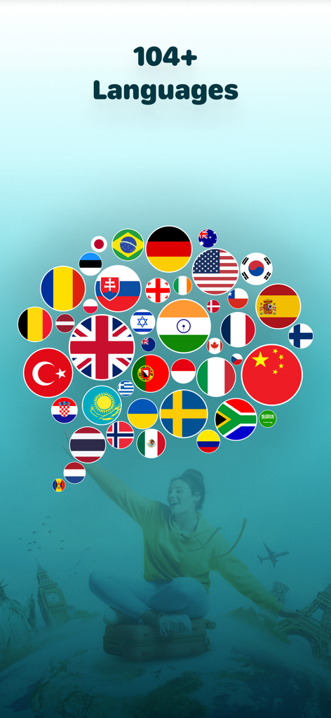 A speech bubble filled with various national flags above a happy traveler sitting on a suitcase