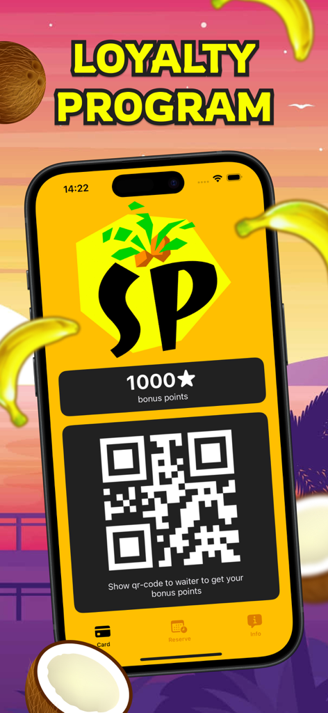 SP app - Surf Punch app loyalty program screen with bonus points and a QR code