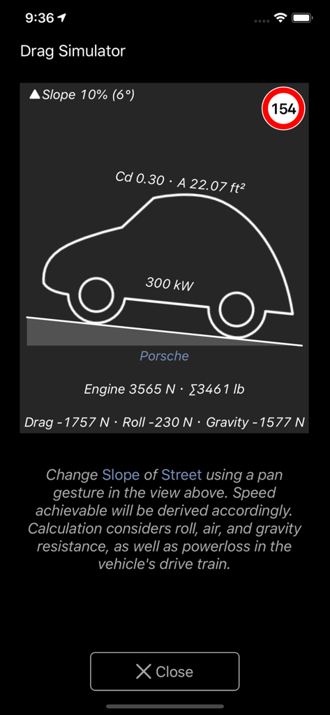 Interface of the Drag Simulator feature in Harry's LapTimer showing car physics and performance data