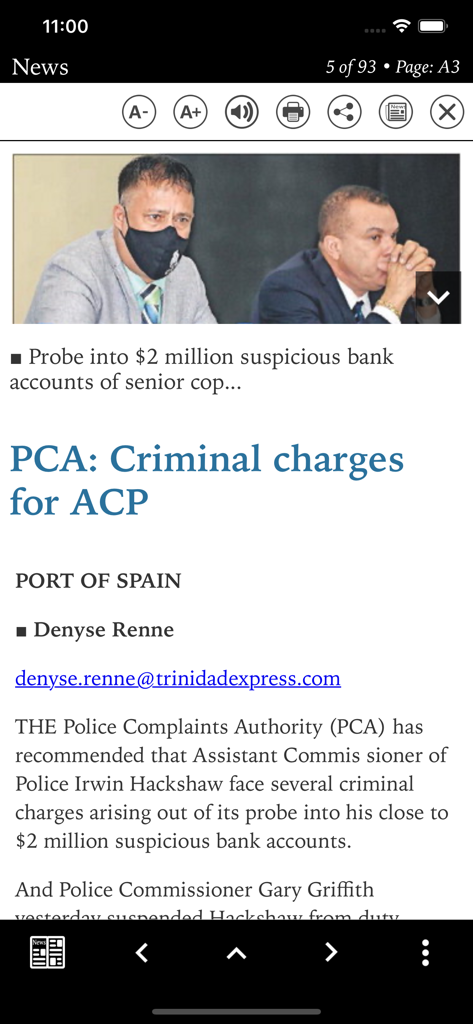 Trinidad Express Newspapers - A news article within the Trinidad Express Newspapers app showing a report on police investigations with text adjustment and audio features.
