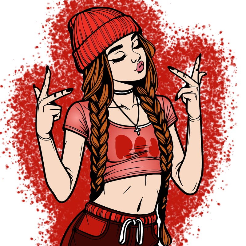 realistic teenage girl with braids and a beanie and crop top doing 🫶🏼