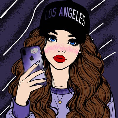 realistic beautiful girl wearing los ángeles cap holding an iphone