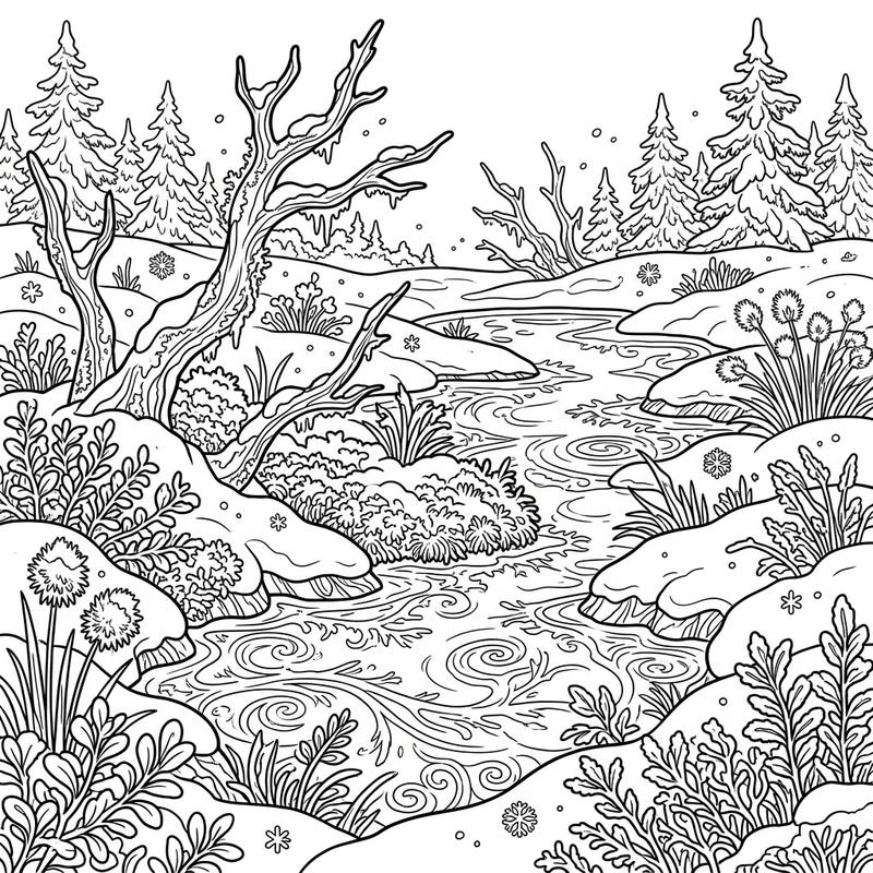 Immerse yourself in the frosty beauty of a winter peat bog with this stunning adult coloring page. Discover intricate details and serene landscapes designed to provide a truly relaxing and creative coloring experience.
