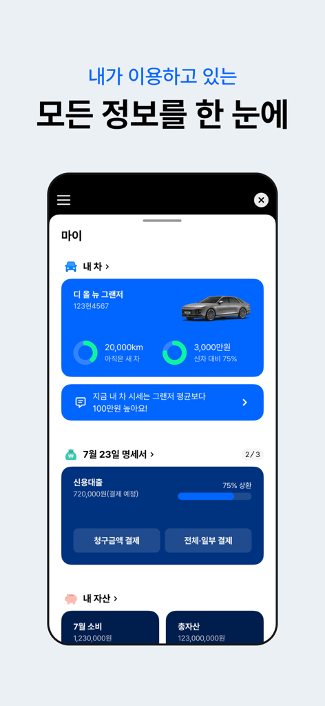 현대캐피탈 공식 앱-신차할부구매, 다이렉트, 모바일대출 - Panel de control de la aplicación Hyundai Capital que muestra el valor de mercado del vehículo y el estado de pago del préstamo.