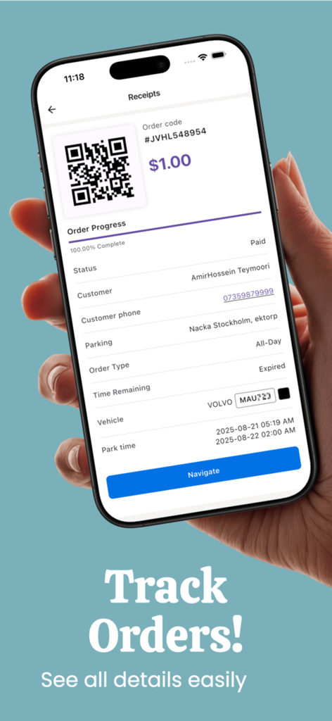 ParkUp App - ParkUp app receipt screen showing a QR code and parking order details