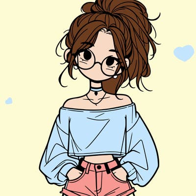 girl with a messy ponytail glasses a baggy crop top and jean shorts
