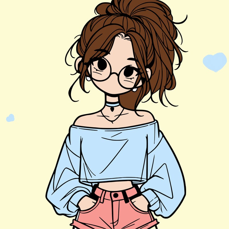 girl with a messy ponytail glasses a baggy crop top and jean shorts