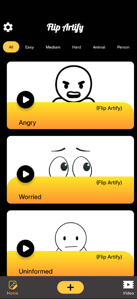 Flip Draw 2D Animation Creator - Mobile app interface showing a library of character animation templates with different facial expressions
