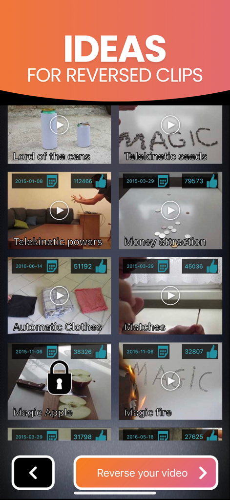 Reverse Video FX: Rewind Movie - Menu de ideias criativas para clipes de vídeo invertidos, incluindo truques de mágica e efeitos telecinéticos