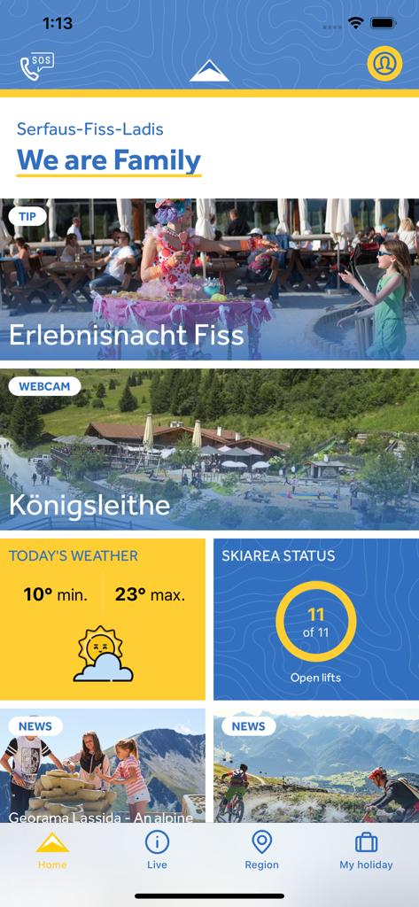 Écran d'accueil de l'application Serfaus-Fiss-Ladis affichant la météo, l'état des remontées mécaniques et les événements régionaux.