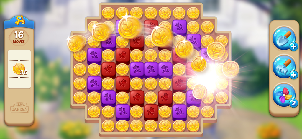 Lily’s Garden: Match & Design - 꽃 타일과 부스터가 있는 매치 3 퍼즐 레벨을 보여주는 Lily's Garden 게임 플레이