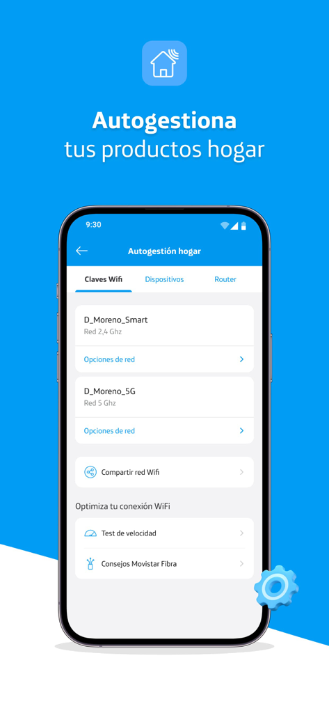 Mi Movistar Chile - Pantalla de la app Mi Movistar Chile mostrando la gestión de red WiFi del hogar y opciones de prueba de velocidad