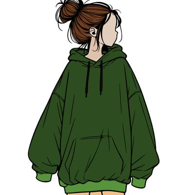 realistic girl with a oversized sweatshirt on and a bun