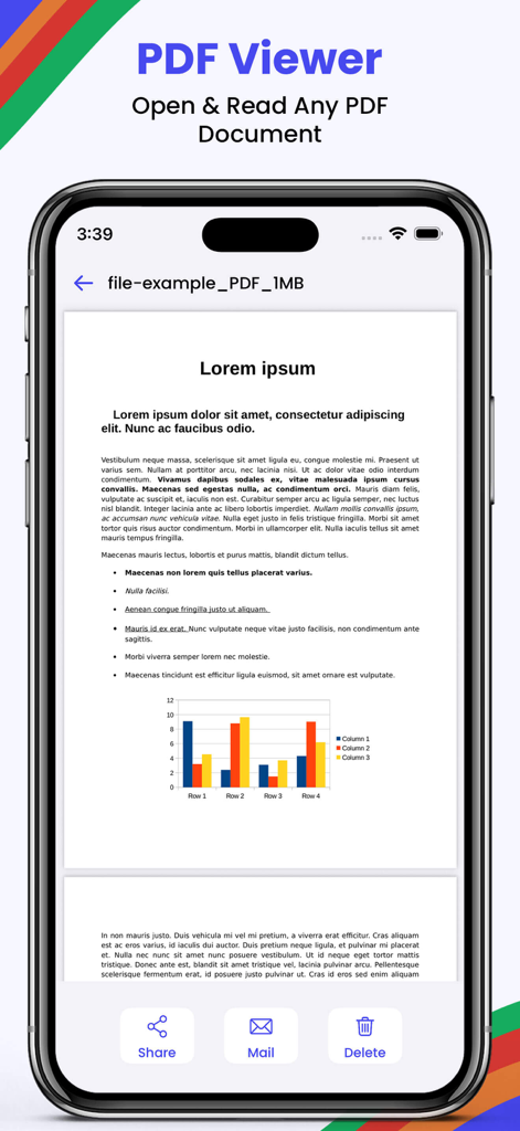 All Docs: PDF & File App - A smartphone displaying the PDF viewer interface of the All Docs app with options to share mail and delete