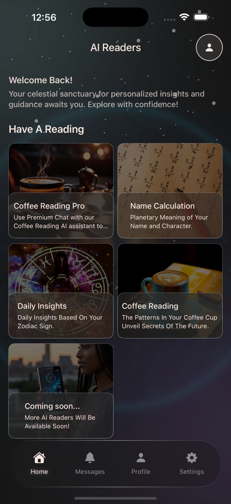 The home screen of the Turkish Coffee Fortune Reader app featuring options for AI coffee readings and daily zodiac insights.