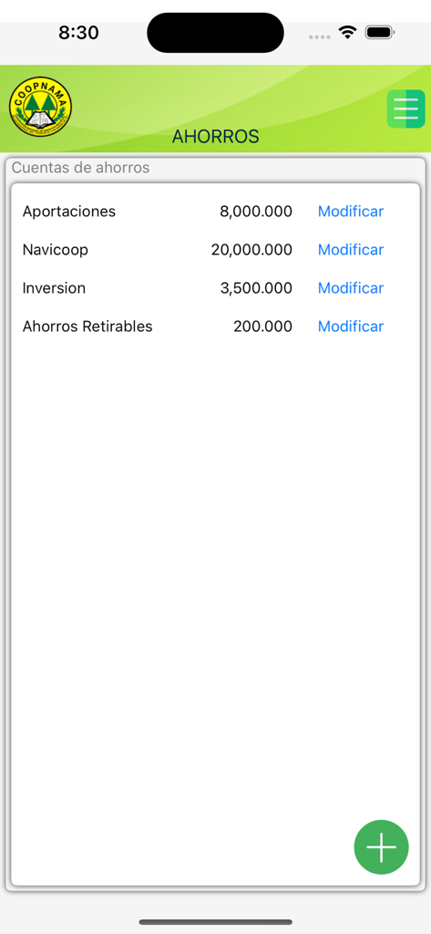 Visão geral da conta de poupança do aplicativo móvel Coopnama mostrando vários tipos de conta e saldos
