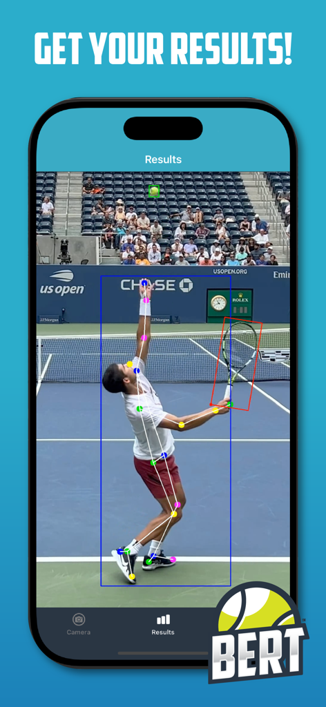 Bert - AI Tennis Coach - A smartphone screenshot of the Bert app showing AI skeletal tracking and motion analysis of a professional tennis serve on court.