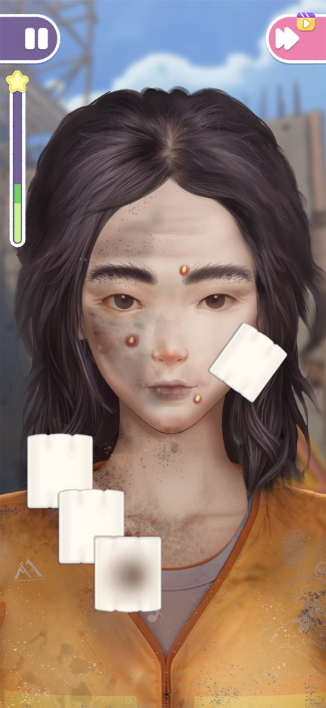 A character receiving a facial skincare treatment with cotton pads in the Skincare Time Makeover ASMR mobile game