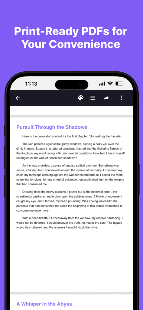 A smartphone displaying a professionally formatted story chapter with a header about print-ready PDFs.