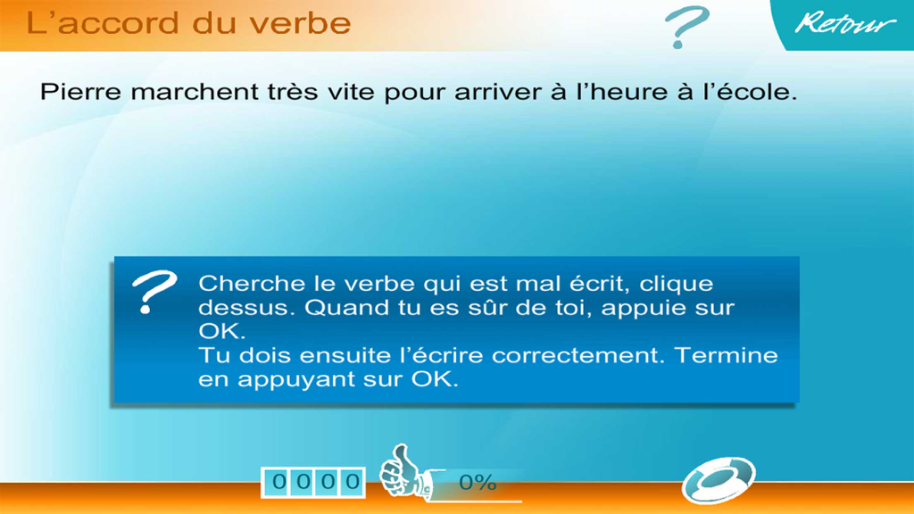 Écran éducatif de l'application Orthographe au CE1 montrant un exercice de grammaire française sur l'accord des verbes avec des instructions pour l'élève.