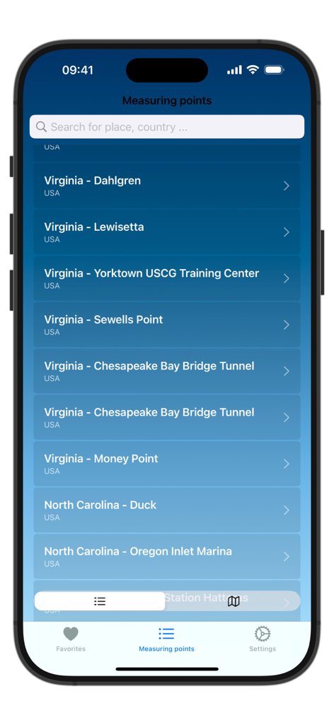 A list of water temperature measuring points in the USA for Virginia and North Carolina