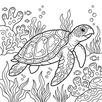Explore the vibrant underwater world with this captivating Hawksbill Sea Turtle coloring page! Designed for kids, it features a majestic sea turtle amidst coral and ocean friends, ready for a splash of color.