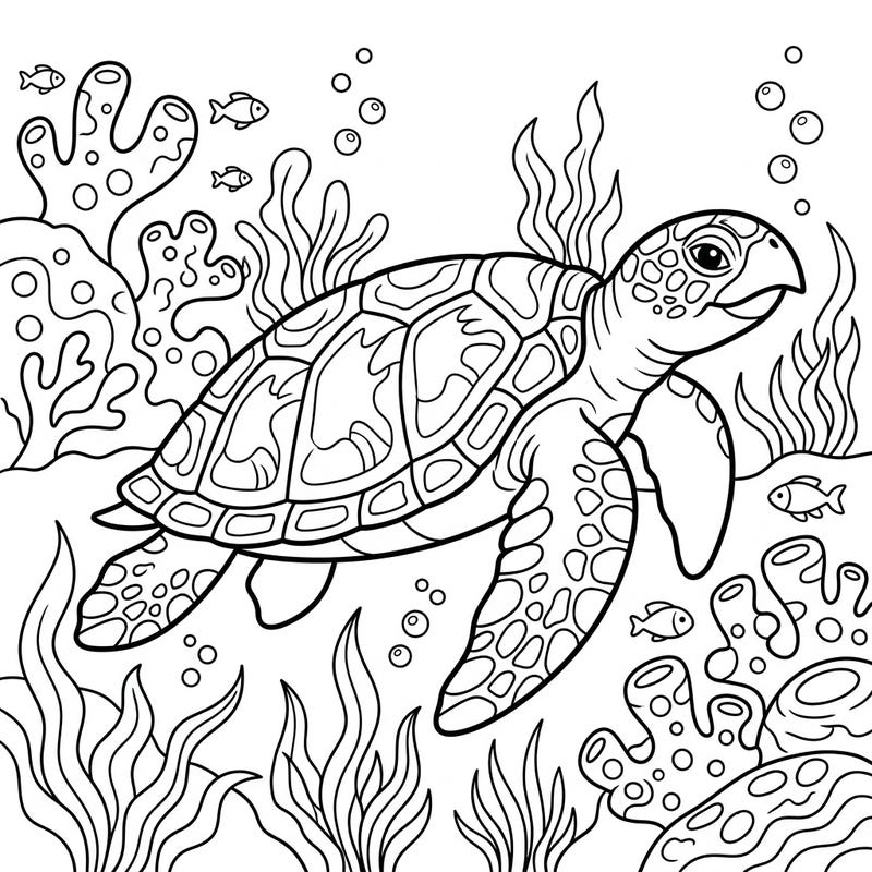 Explore the vibrant underwater world with this captivating Hawksbill Sea Turtle coloring page! Designed for kids, it features a majestic sea turtle amidst coral and ocean friends, ready for a splash of color.