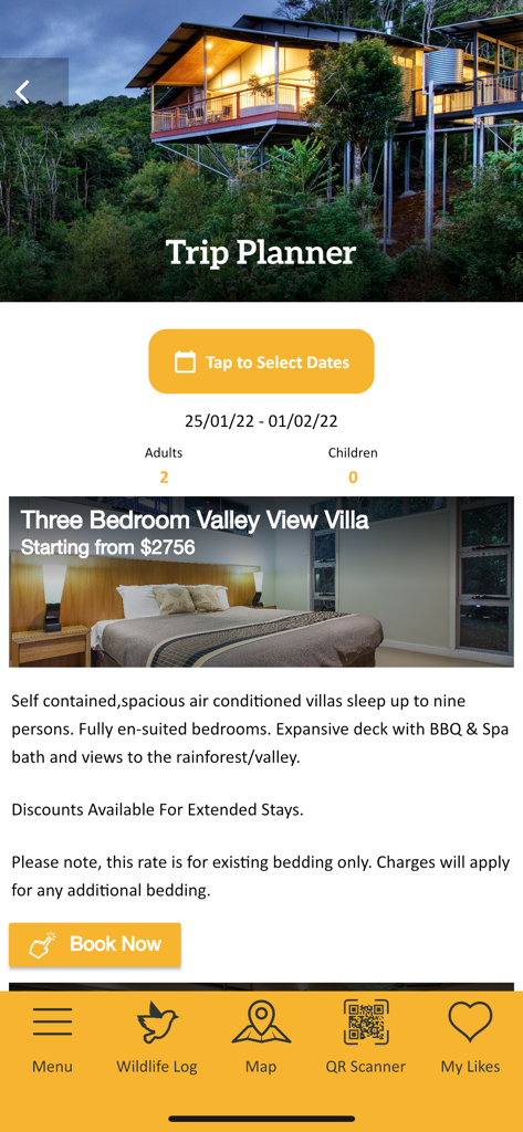OReillys app trip planner screen showing luxury villa booking and date selection