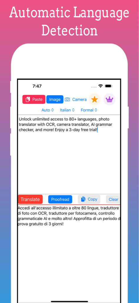 Interfaz de la aplicación Traductor IA mostrando detección automática de idioma y traducción a italiano