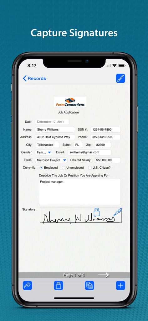 Digital signature capture on a job application form within the FormConnect Pro app