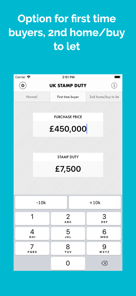 Interface of the UK Stamp Duty Calculator app calculating tax for a first time buyer on a 450,000 pound property purchase.