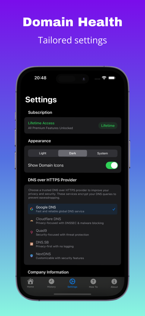 Tela de configurações do aplicativo Saúde do Domínio mostrando opções de provedor de DNS sobre HTTPS e configurações de aparência.
