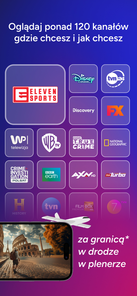 Aplicación móvil Pilot WP mostrando una colección de logotipos de canales de televisión polacos e internacionales