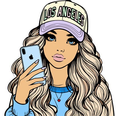 realistic beautiful girl wearing los ángeles cap holding an iphone
