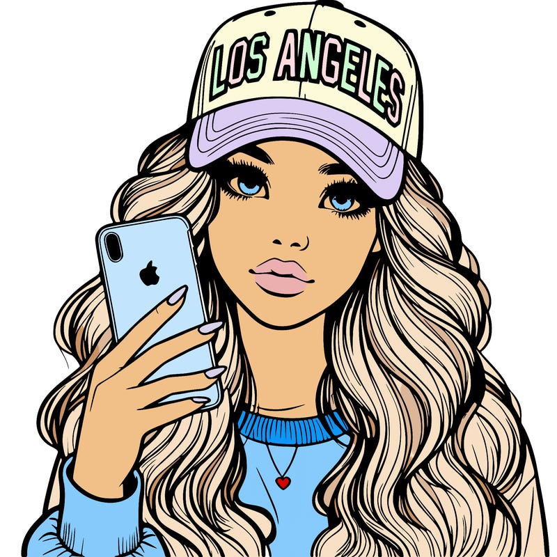 realistic beautiful girl wearing los ángeles cap holding an iphone