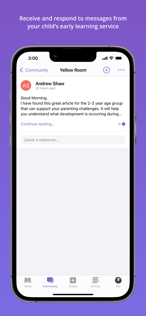 Interface of the Storypark for Families app displaying a message from a teacher to parents in the classroom community section
