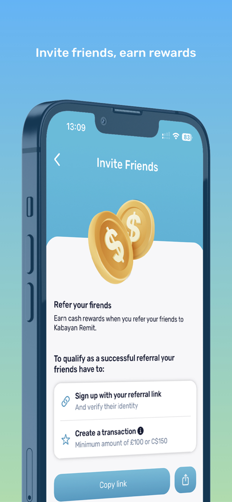 Kabayan Remit - Money Transfer - Kabayan Remit app screen for inviting friends to earn cash rewards through a referral link