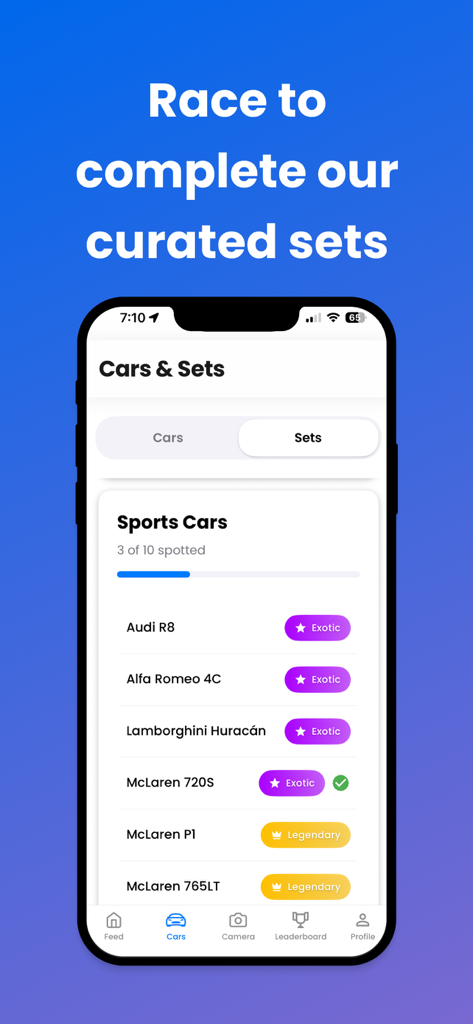 CarSpotter - Collect Cars - CarSpotter app screen showing a sports car collection list with rarity levels like exotic and legendary.