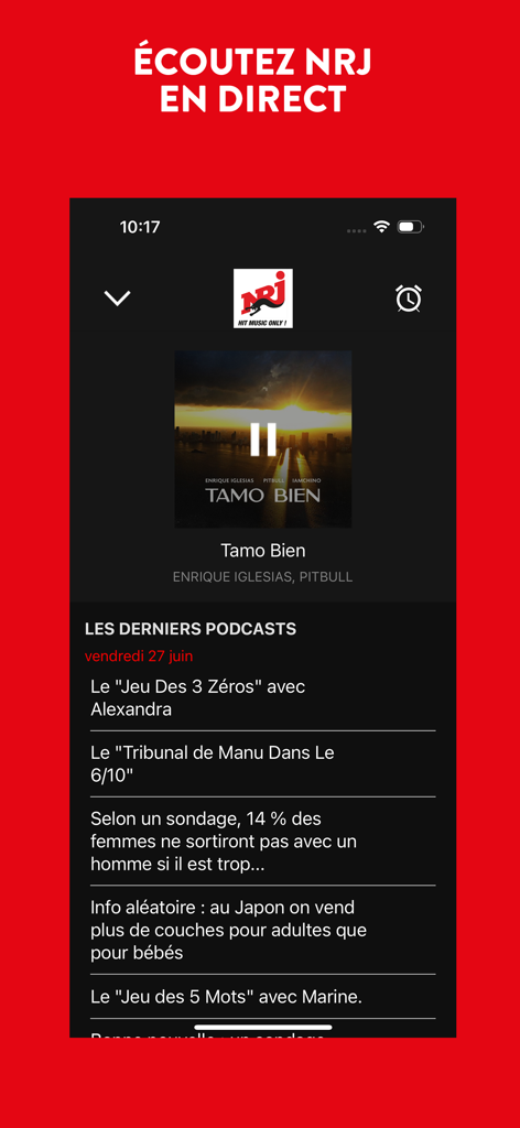 Manu sur NRJ - Interface de l'application Manu sur NRJ présentant le lecteur radio en direct et la liste des derniers podcasts.
