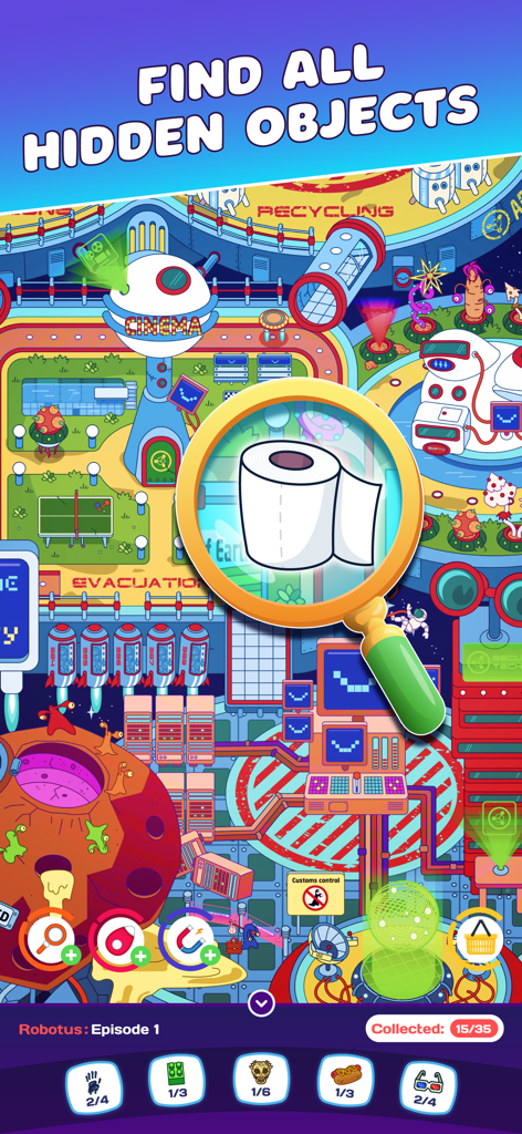 Find It: Spy Hidden Objects - Vibrant search and find game screen showing a magnifying glass highlighting an item in a colorful futuristic space station