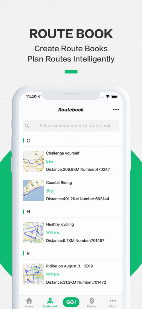 BlackbirdSport - BlackbirdSport app Routebook feature displaying saved cycling routes with map previews and distance details.