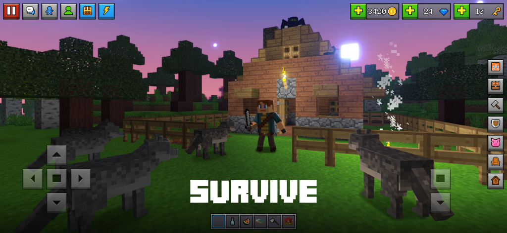 A character standing by a wooden house surrounded by wolves in survival mode.