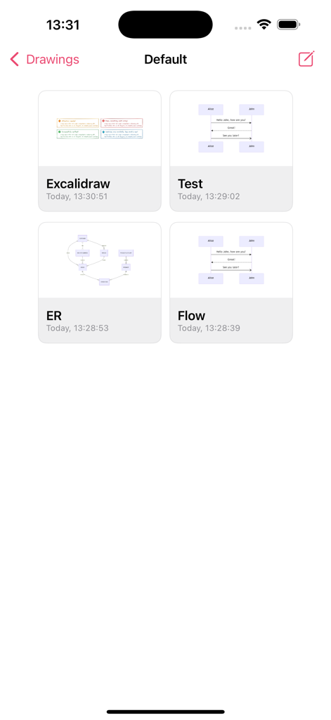 Drawing Studio - Drawing Studio app main dashboard showing a grid of saved diagrams including Excalidraw and flowcharts