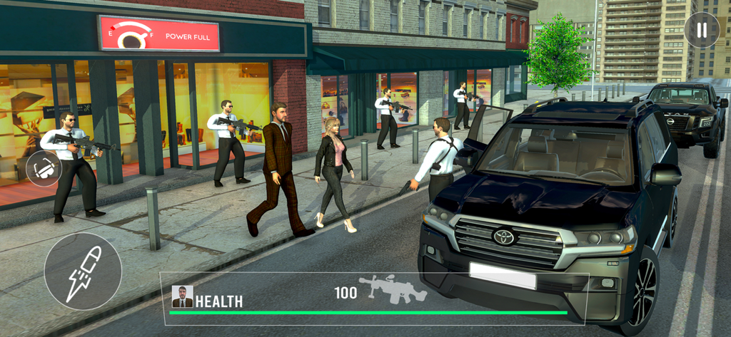 Vip Security Simulator Game - Security guards protecting a VIP couple on a city street next to a black SUV