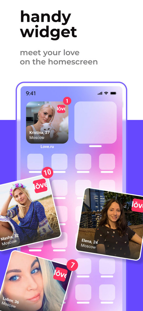 Love.ru - Dating, Chat, Meets - iPhone-Startbildschirm, der das Love.ru Dating-App-Widget mit Profilen potenzieller Übereinstimmungen anzeigt