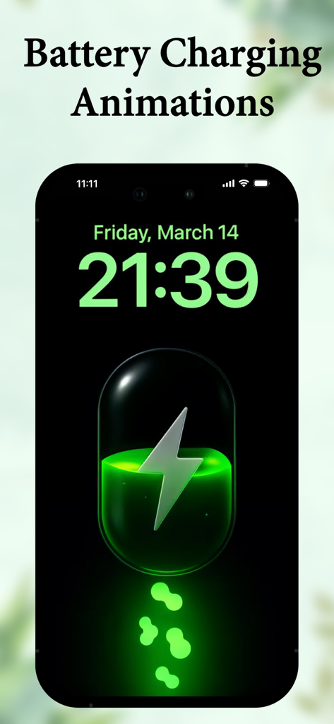 iPhone lock screen displaying a glowing green battery charging animation with a lightning bolt