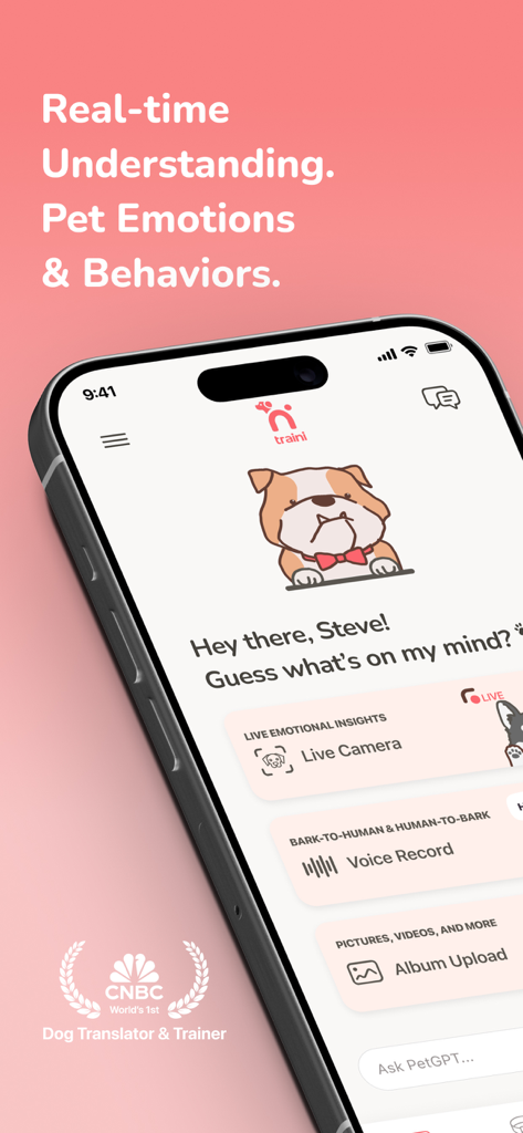 Traini-Dog Translator&Training - Traini app interface showing real-time dog emotion and behavior translation features with an iPhone display