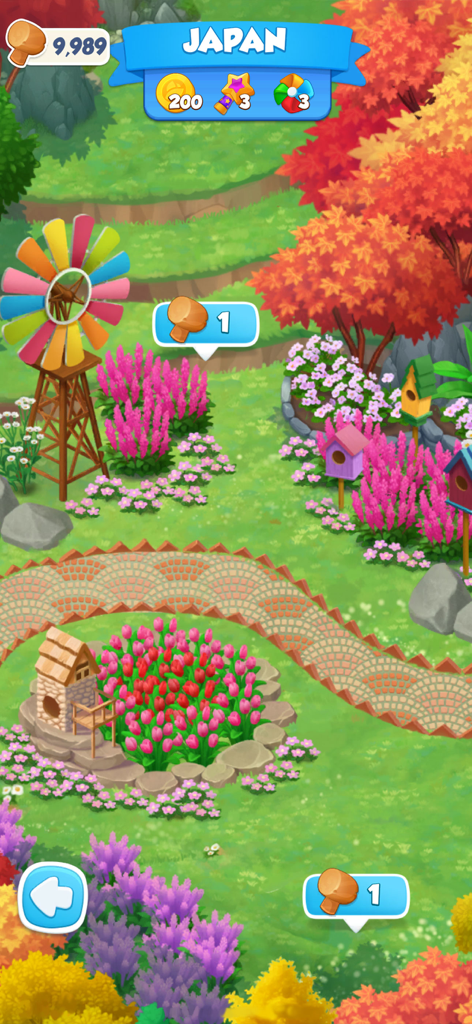 Bloom Match: Flower Blast - A colorful hand-painted garden map from Bloom Match featuring a Japan theme with flowers and a windmill