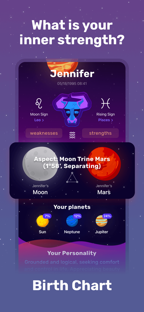 Zodiac Sign Horoscope－Love Lab - Mobile app screen showing a personalized astrology birth chart with moon sign rising sign and planetary aspects.