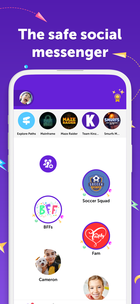 Kinzoo App-Oberfläche zeigt einen sicheren Social Messenger für Kinder mit Kontakten und interaktiven Spielen